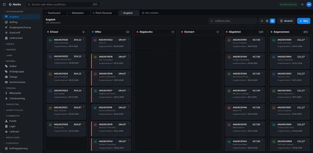 Nuclos 5 Kanban-Ansicht für Angebote mit Status-Spalten wie Erfasst, Offen und Angenommen