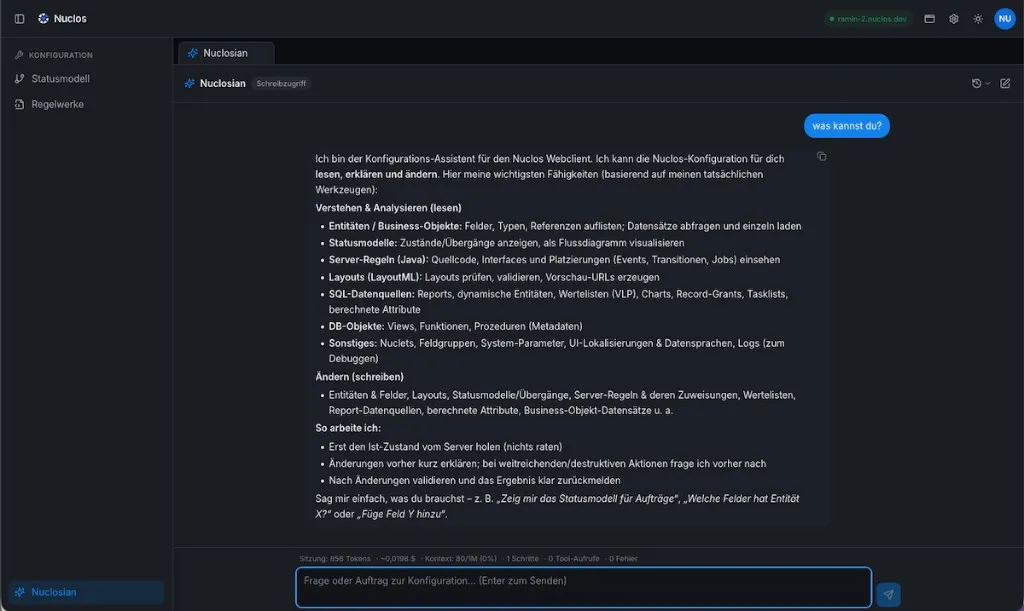 Nuclosian, der KI-Konfigurationsassistent von Nuclos 5, im Chat mit Erklärung seiner Fähigkeiten